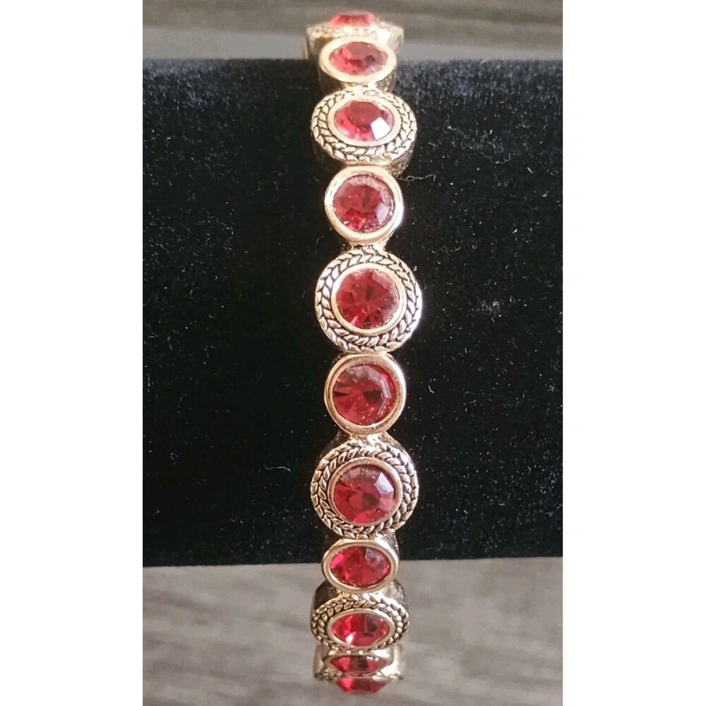 Red Rhinestone Gold Tone Vintage Stretch Bracelet